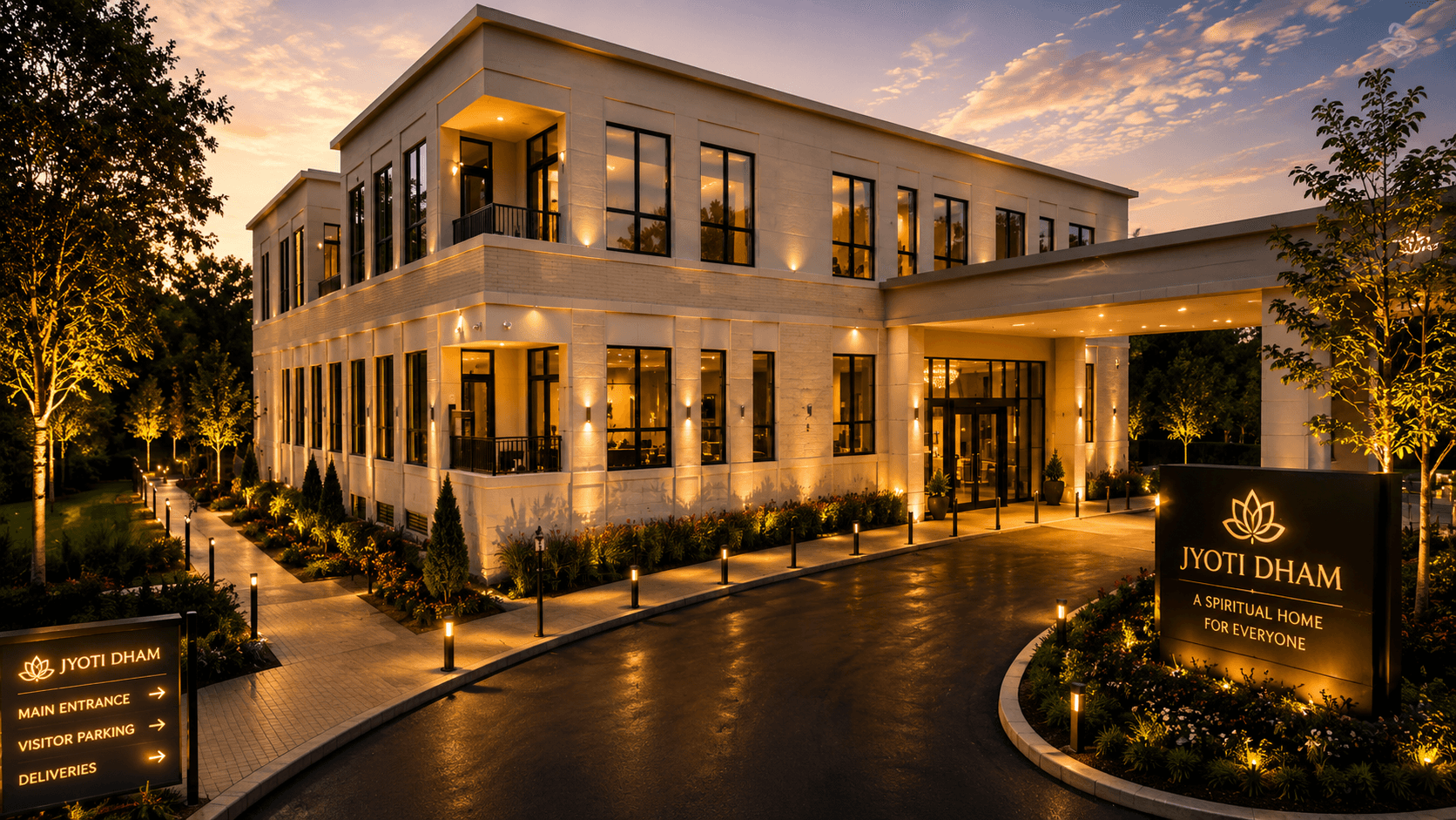 JyotiDham building at dusk